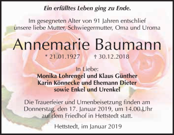 Traueranzeige von Annemarie Baumann von Super Sonntag SGH Mansf. Land