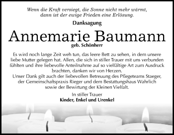 Traueranzeige von Annemarie Baumann von Mitteldeutsche Zeitung Mansfelder Land