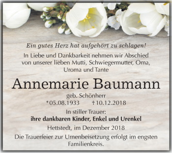 Traueranzeige von Annemarie Baumann von Mitteldeutsche Zeitung Aschersleben