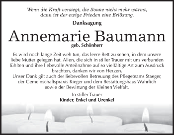Traueranzeige von Annemarie Baumann von Super Sonntag SGH Mansf. Land