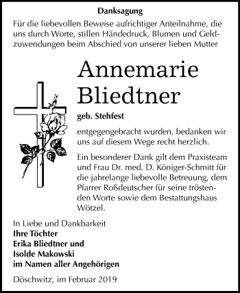 Traueranzeige von Annemarie Bliedtner von Mitteldeutsche Zeitung Zeitz