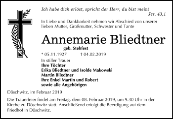 Traueranzeige von Annemarie Bliedtner von Mitteldeutsche Zeitung Zeitz