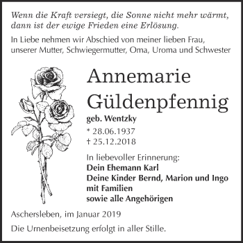 Traueranzeige von Annemarie Güldenpfennig von Super Sonntag Aschersleben