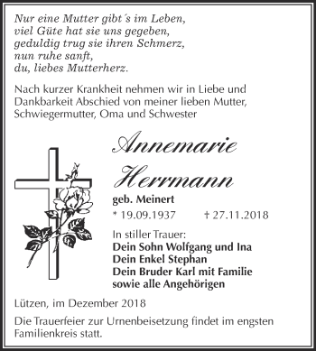 Traueranzeige von Annemarie Herrmann von Super Sonntag Merseburg