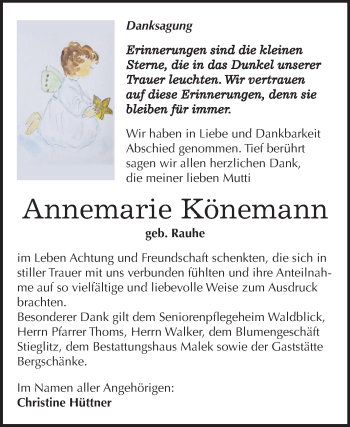 Traueranzeige von Annemarie Könemann von Mitteldeutsche Zeitung Quedlinburg