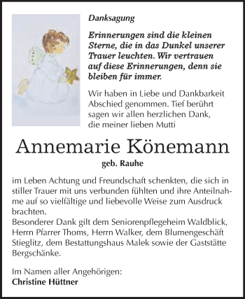 Traueranzeige von Annemarie Könemann von Super Sonntag SGH Mansf. Land