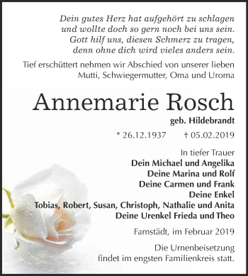 Traueranzeige von Annemarie Rosch von WVG - Wochenspiegel Merseburg