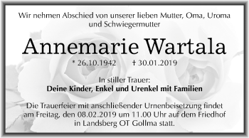 Traueranzeige von Annemarie Wartala von Mitteldeutsche Zeitung Halle/Saalkreis