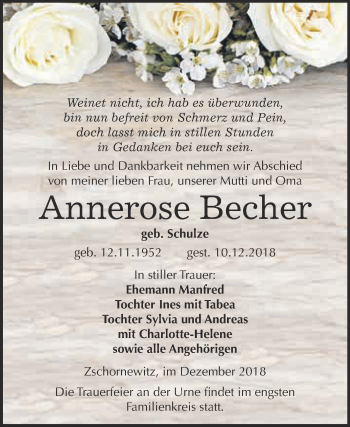 Traueranzeige von Annerose Becher von WVG - Wochenspiegel Wittenberg