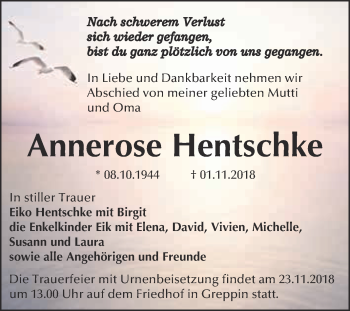 Traueranzeige von Annerose Hentschke von WVG - Wochenspiegel Bitterfeld
