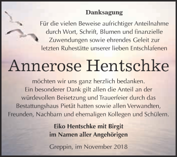 Traueranzeige von Annerose Hentschke von WVG - Wochenspiegel Bitterfeld