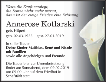 Traueranzeige von Annerose Kotlarski von WVG - Wochenspiegel Merseburg