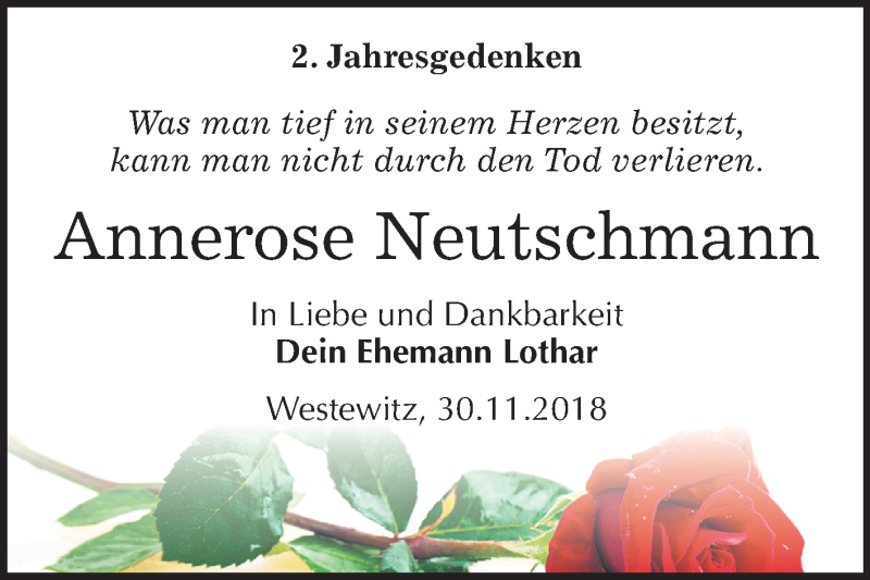  Traueranzeige für Annerose Neutschmann vom 30.11.2018 aus Mitteldeutsche Zeitung Halle/Saalkreis