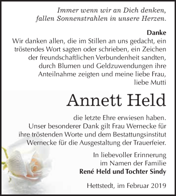 Traueranzeige von Annett Held von Super Sonntag SGH Mansf. Land
