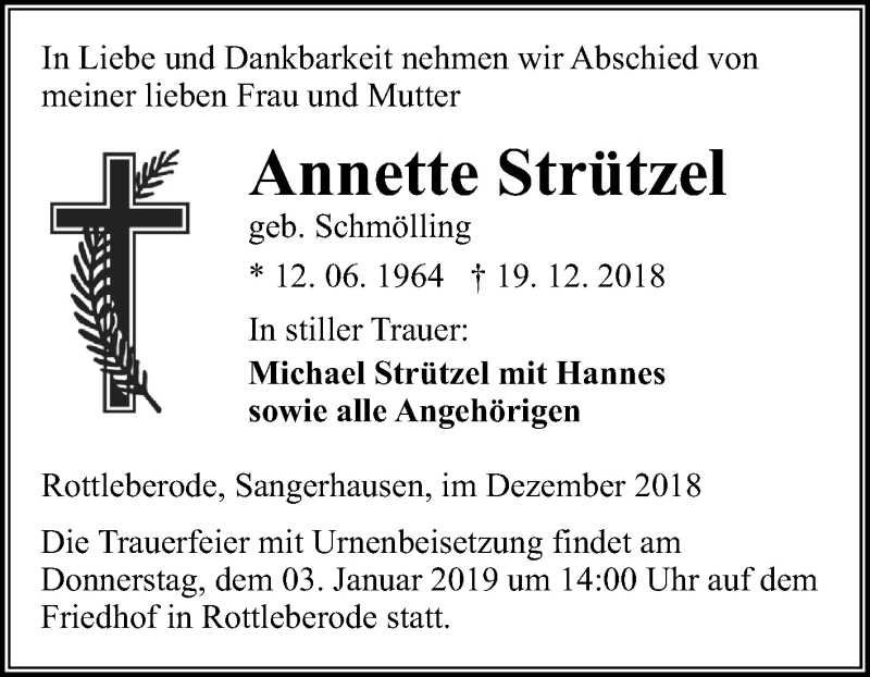  Traueranzeige für Annette Strützel vom 29.12.2018 aus Mitteldeutsche Zeitung Sangerhausen