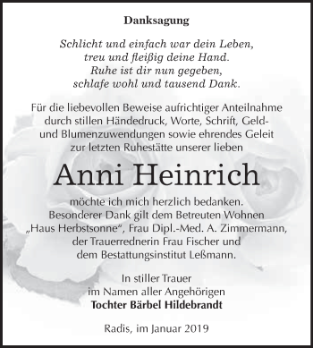 Traueranzeige von Anni Heinrich von WVG - Wochenspiegel Wittenberg