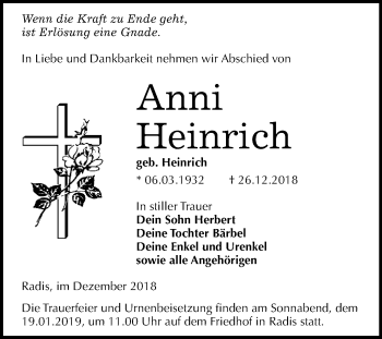 Traueranzeige von Anni Heinrich von WVG - Wochenspiegel Wittenberg