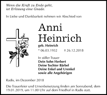 Traueranzeige von Anni Heinrich von Mitteldeutsche Zeitung Wittenberg