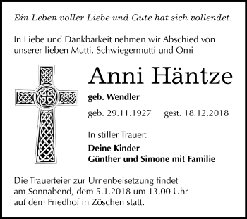 Traueranzeige von Anni Häntze von Mitteldeutsche Zeitung Merseburg/Querfurt