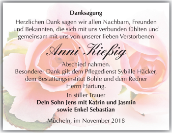 Traueranzeige von Anni Kießig von Mitteldeutsche Zeitung Merseburg/Querfurt