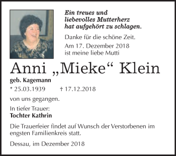 Traueranzeige von Anni Klein von WVG - Wochenspiegel Dessau / Köthen