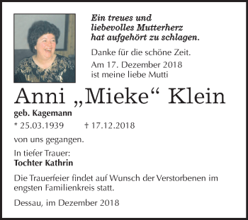 Traueranzeige von Anni Klein von Mitteldeutsche Zeitung Dessau-Roßlau