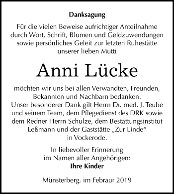 Traueranzeige von Anni Lücke von WVG - Wochenspiegel Wittenberg