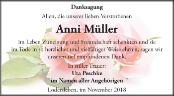 Traueranzeige von Anni Müller von Mitteldeutsche Zeitung Merseburg/Querfurt