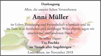 Traueranzeige von Anni Müller von Super Sonntag Merseburg