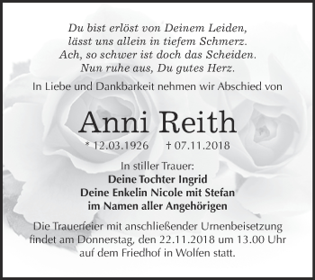 Traueranzeige von Anni Reith von WVG - Wochenspiegel Bitterfeld