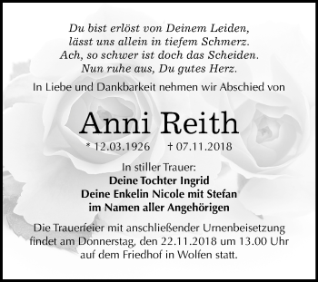 Traueranzeige von Anni Reith von Mitteldeutsche Zeitung Bitterfeld