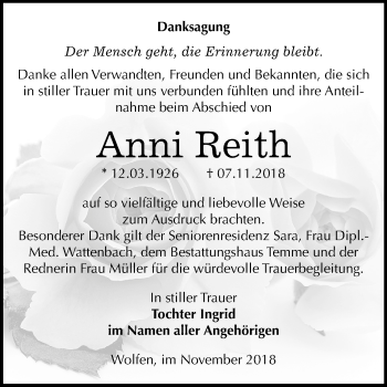 Traueranzeige von Anni Reith von Mitteldeutsche Zeitung Bitterfeld