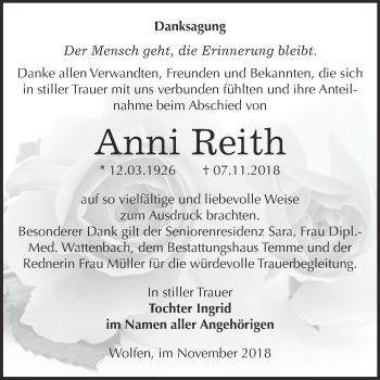 Traueranzeige von Anni Reith von WVG - Wochenspiegel Bitterfeld