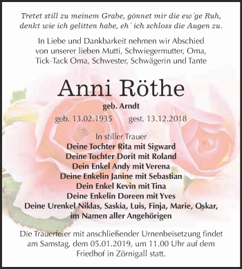 Traueranzeige von Anni Röthe von WVG - Wochenspiegel Wittenberg