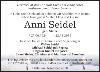 Traueranzeige von Anni Seidel von Mitteldeutsche Zeitung Halle/Saalkreis