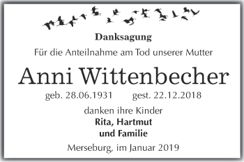Traueranzeige von Anni Wittenbecher von WVG - Wochenspiegel Merseburg