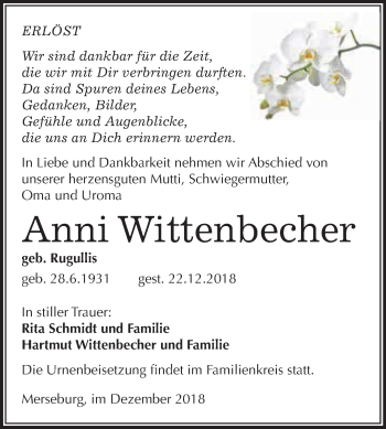 Traueranzeige von Anni Wittenbecher von WVG - Wochenspiegel Merseburg