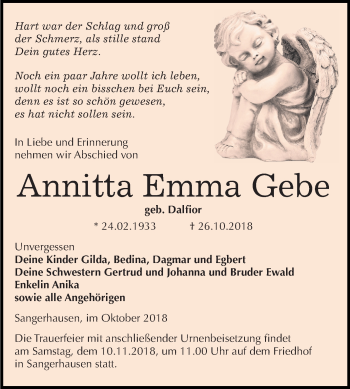 Traueranzeige von Annitta Emma Gebe von Mitteldeutsche Zeitung Sangerhausen
