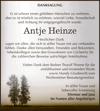 Traueranzeige von Antje Heinze von WVG - Wochenspiegel NMB / WSF / ZTZ