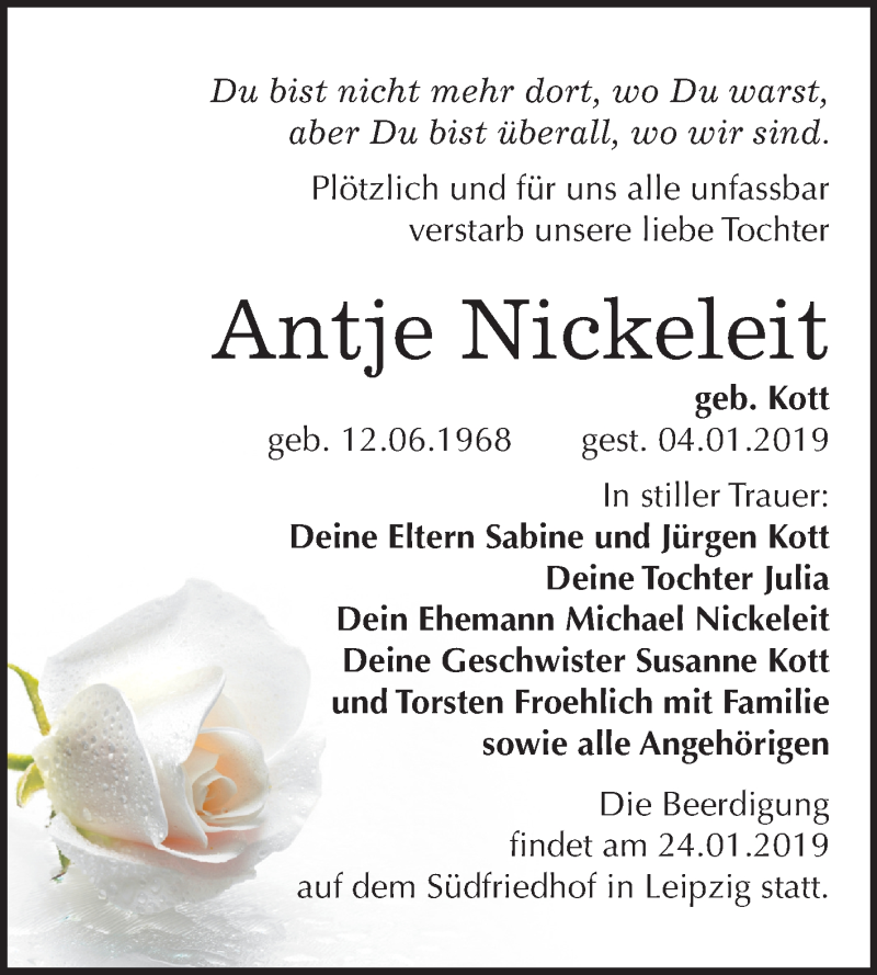  Traueranzeige für Antje Nickeleit vom 12.01.2019 aus Mitteldeutsche Zeitung Bitterfeld