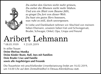 Traueranzeige von Aribert Lehmann von Mitteldeutsche Zeitung Dessau-Roßlau