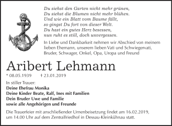 Traueranzeige von Aribert Lehmann von WVG - Wochenspiegel Dessau / Köthen