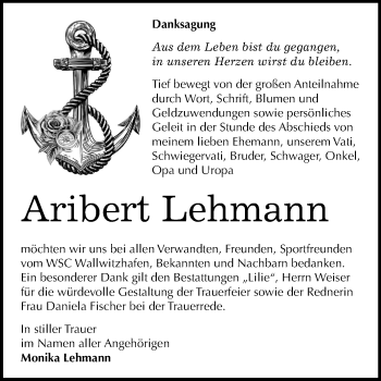 Traueranzeige von Aribert Lehmann von Mitteldeutsche Zeitung Dessau-Roßlau