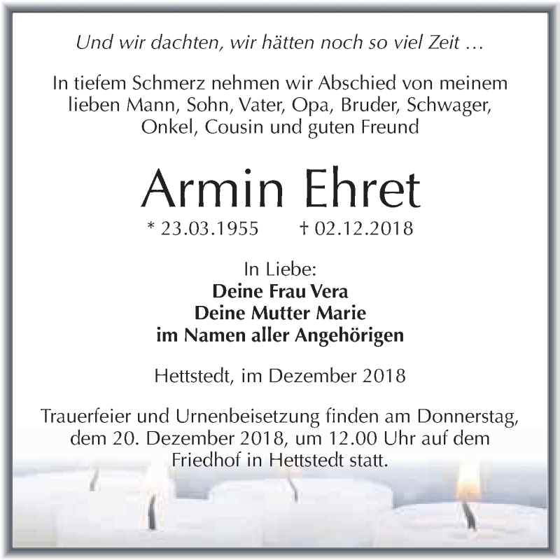  Traueranzeige für Armin Ehret vom 12.12.2018 aus Wochenspiegel Mansfelder Land