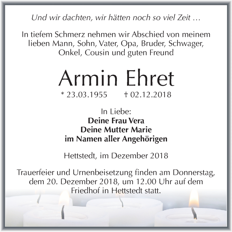  Traueranzeige für Armin Ehret vom 12.12.2018 aus Mitteldeutsche Zeitung Mansfelder Land