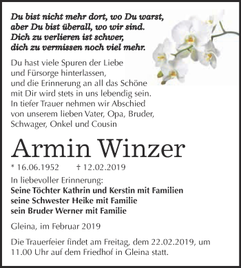 Traueranzeige von Armin Winzer von WVG - Wochenspiegel NMB / WSF / ZTZ