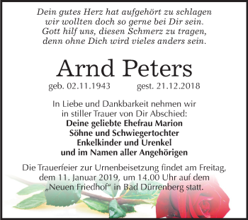 Traueranzeige von Arnd Peters von Mitteldeutsche Zeitung Weißenfels