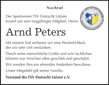 Traueranzeige von Arnd Peters von Super Sonntag Merseburg