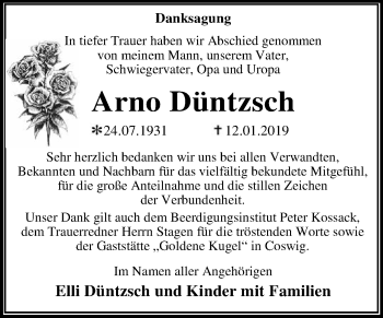 Traueranzeige von Arno Düntzsch von WVG - Wochenspiegel Dessau / Köthen