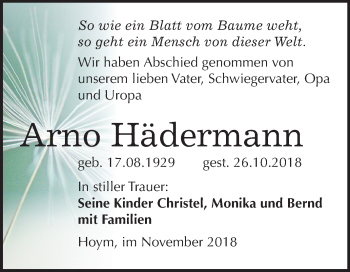 Traueranzeige von Arno Hädermann von Mitteldeutsche Zeitung Aschersleben